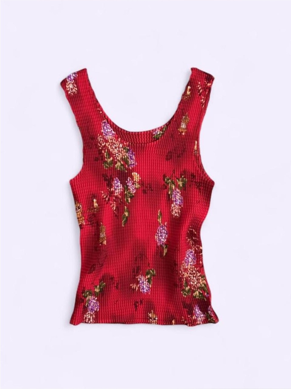 Vintage 90s Impressions Red Floral Smocked Stretch Tank Top Sleeveless